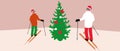 Couple of skiers with christmas tree, christmas decor, flat vector illustration with ski resort in winter or new year skiing as