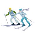 Couple skiers skiing in the snow. Vector characters.