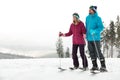 Couple of skiers on slope at resort, space for text. Winter Royalty Free Stock Photo
