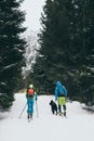 Couple skiing cross country with a dog in High Tatra mountains in winter, Slovakia Royalty Free Stock Photo