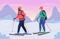 Couple skiing flat color vector illustration