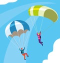 couple skydiver in air with parachute open