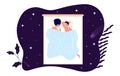 Couple sleep together. Healthy sleeping on bed, comfort mattress and pillow. Night starry sky and sweet dreams top view