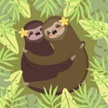 A couple of sloths hugging. Green card with palm leaves and sloths. Vector image