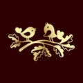 Couple of small birds in the oak branch. Laser cutting or foiling template. Royalty Free Stock Photo