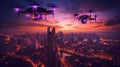 A couple of small planes flying over a city. Generative AI image.