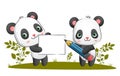 The couple of smart panda is holding a pencil while holding a big blank banner in the park Royalty Free Stock Photo