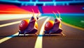 Couple of snails that are sitting on track with stadium in the background. Generative AI Royalty Free Stock Photo