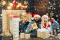 Couple in snow. Positive human emotions facial expressions. Christmas interior. Family christmas happy. Happy new year Royalty Free Stock Photo