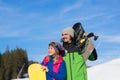 Couple With Snowboard And Ski Resort Snow Winter Mountain Smiling Man Woman Royalty Free Stock Photo