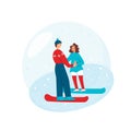 Couple of snowboarders adult, boy and girl in winter illustration. Vector stock illustration isolated on white