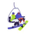 Couple with snowboards in cable car. People snowboarders in ropeway cabin. Man and woman winter tourists with snow