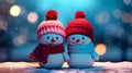 Couple Snowman standing outside on a winters day. Concept of winter, snow and childhood