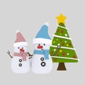 Couple snowman and Xmas tree. 3D