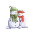 Couple of snowmen tender hugs, watercolor style illustration, winter clipart with cartoon characters