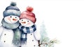 Couple of snowmen. Two watercolor Christmas snowmen, male and female, share tender embrace. On white background with