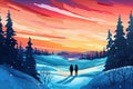 couple in snowy mountain with beautiful polar lights in colorful sky AI generated