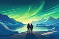 couple in snowy mountain with beautiful polar lights in colorful sky
