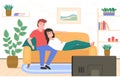 Couple on sofa. Guy with girl watching movie together in room interior. People looking at TV. Wife and husband sitting Royalty Free Stock Photo