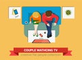 Couple on sofa watch TV in vector flat top view