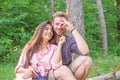 Couple spend time outdoors on sunny day. Youth on picnic or hike relaxing and having fun. Pleasant weekend. Couple Royalty Free Stock Photo