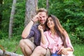 Couple spend time outdoors on sunny day. Youth on picnic or hike relaxing and having fun. Pleasant weekend. Couple Royalty Free Stock Photo