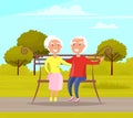 Couple spend time in park sitting on a bench. Romance of elderly happy people on date outdoors Royalty Free Stock Photo