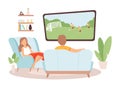 Couple spend time together. Woman man watch TV, football fans. Family in living room, stay at home vector illustration