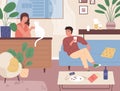 Couple spending time together at home after sushi dinner vector flat illustration. Smiling family relaxing, having date