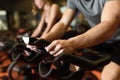 Couple in a spinning class wearing sportswear. Royalty Free Stock Photo