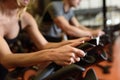 Couple in a spinning class wearing sportswear. Royalty Free Stock Photo