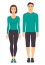 Couple in sportswear. Young man and woman standing in full growth in sports clothes for exercises in gym, running, fitness. Vector