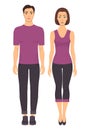 Couple in sportswear. Young man and woman standing in full growth in sports clothes for exercises in gym, running, fitness. Vector