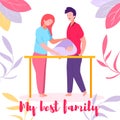 Couple Stand at Child Table Swaddle Newborn Baby