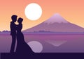 Couple stand near river and fuji mount behind,silhouette style