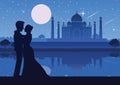 couple stand near river at Taj Mahal landmark of India,silhouette style