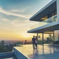 Couple standing on balcony of modern house lookking over cityscape Royalty Free Stock Photo