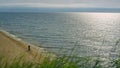 Couple standing beach landscape. Close up grass blowing wind on sea background. Royalty Free Stock Photo