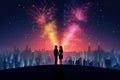 a couple standing on a hill watching fireworks go off in the sky above a city at night time with bright lights and bright Royalty Free Stock Photo