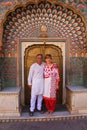 Couple standing at Lotus Gate in Pitam Niwas Chowk, Jaipur City