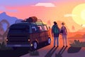 Couple standing near wheel caravan rv van road trip experience looking at sunset