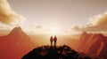 Couple standing on top of mountain against orange sky Royalty Free Stock Photo