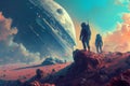 Couple Standing on Top of a Mountain, A group of space explorers discovering an abandoned alien colony on a distant world, AI