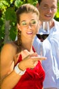 Couple standing at vineyard and drinking wine Royalty Free Stock Photo