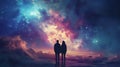 A couple stands in the center of the universe, holding hands as if time pauses in their embrace. In this moment of love