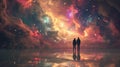 A couple stands in the center of the universe, holding hands as if time pauses in their embrace. In this moment of love