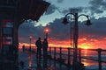 Romantic Couple Watching Sunset on Ocean Pier. Royalty Free Stock Photo