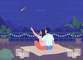 Couple stargazing on rooftop in evening flat color vector illustration
