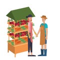 Couple in store kiosk with vegetables avatar character