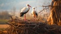 Couple of storks in the nest. Generative AI.